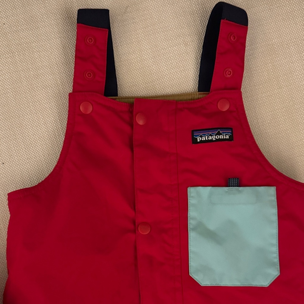 Patagonia Red Snow Bibs with Light Blue Pocket